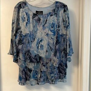 Alex Evenings XL shades of blue with silver threads tiered flutter sleeve blouse